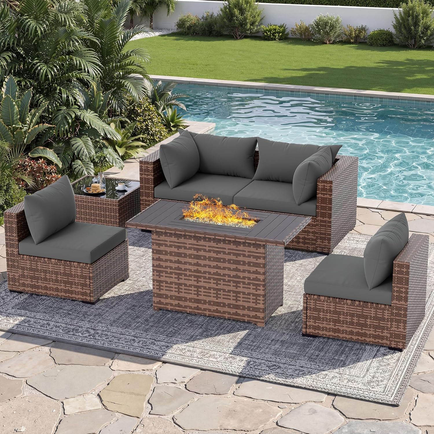 Outdoor Furniture Set With Fire Pit - طقم أريكة خارجية من 5 قطع
