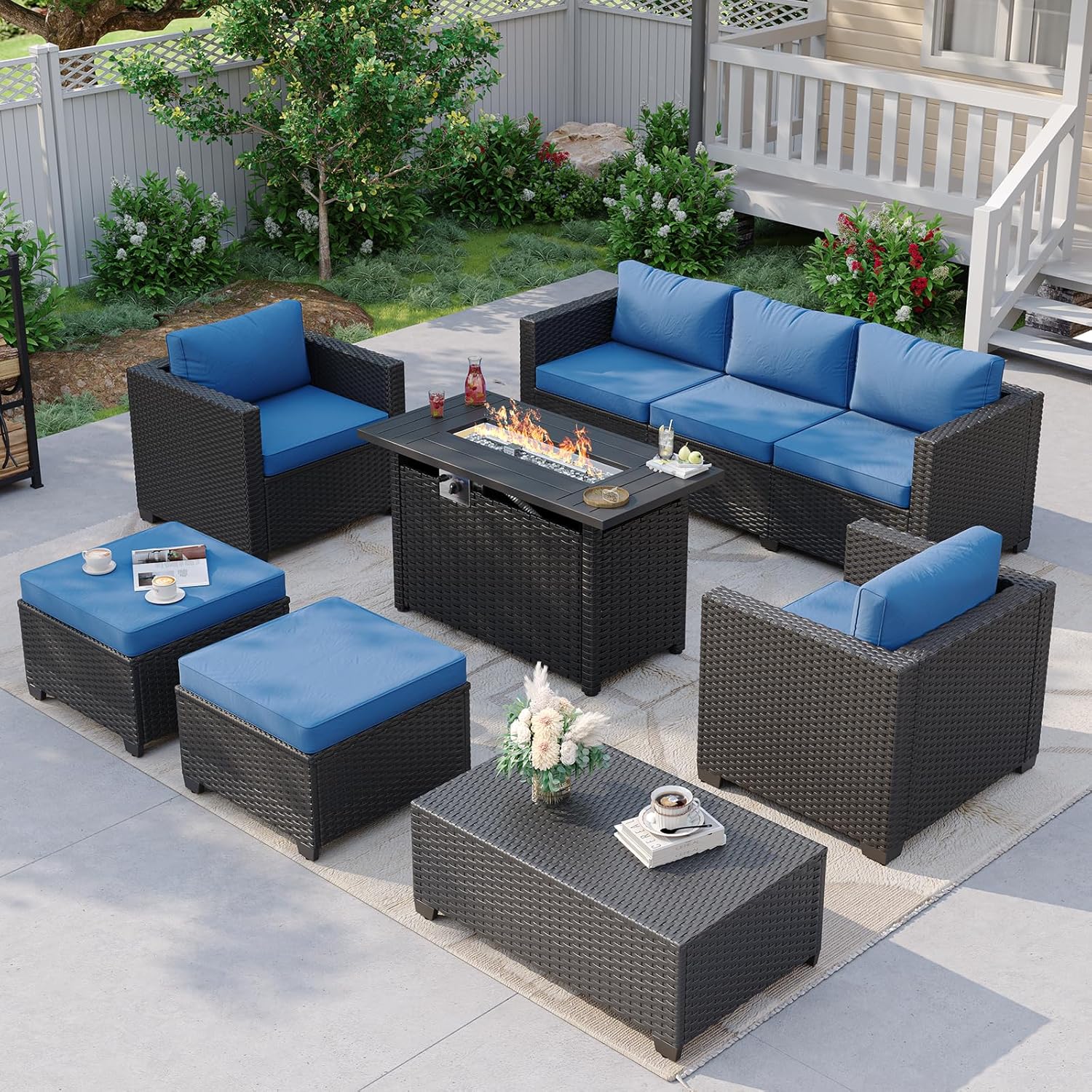 Outdoor Furniture Set With Fire Pit - أريكة خارجية زرقاء داكنة مع طاولة