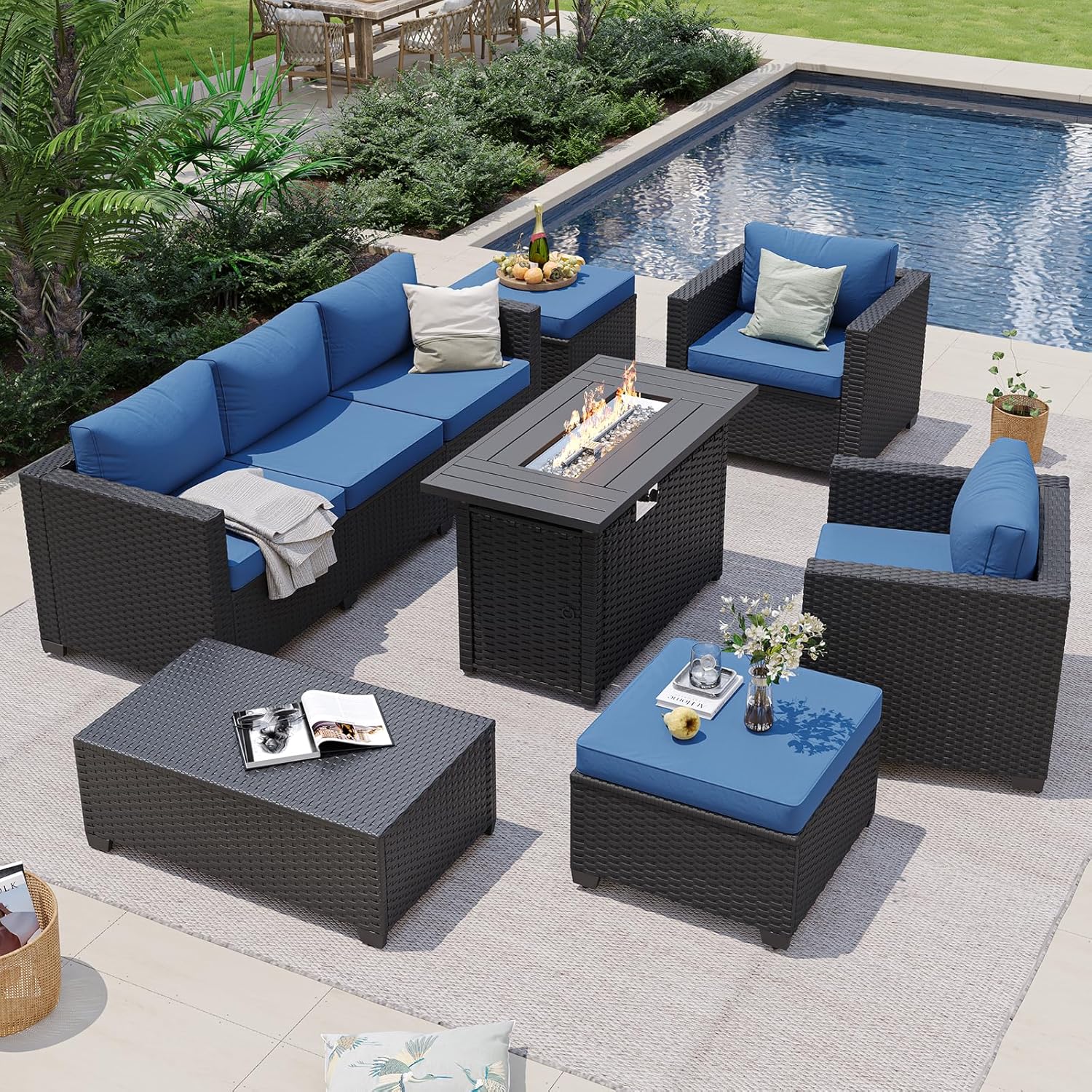أريكة خارجية زرقاء داكنة مع طا - مراجعة Outdoor Furniture Set With Fire Pit وسعره